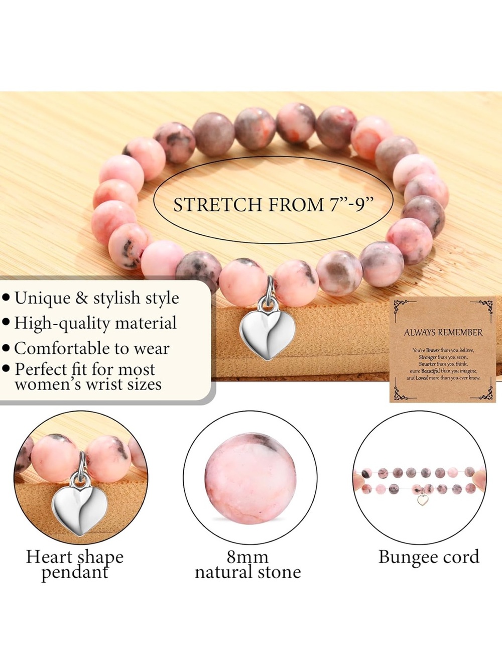 Pink Natural Stone Heart Charm Bracelet